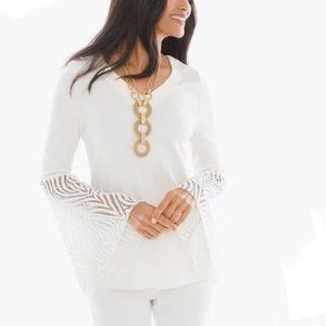 Chico's Ecru Lace Flare Bell Sleeve Blouse Womens 3 V-Neck White Rayon Blend